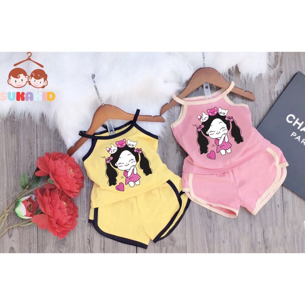 ( Sale) Bộ đồ 2 dây hình bé gái cột tóc đáng yêu từ 6kg đên 30kg.BDBG60.