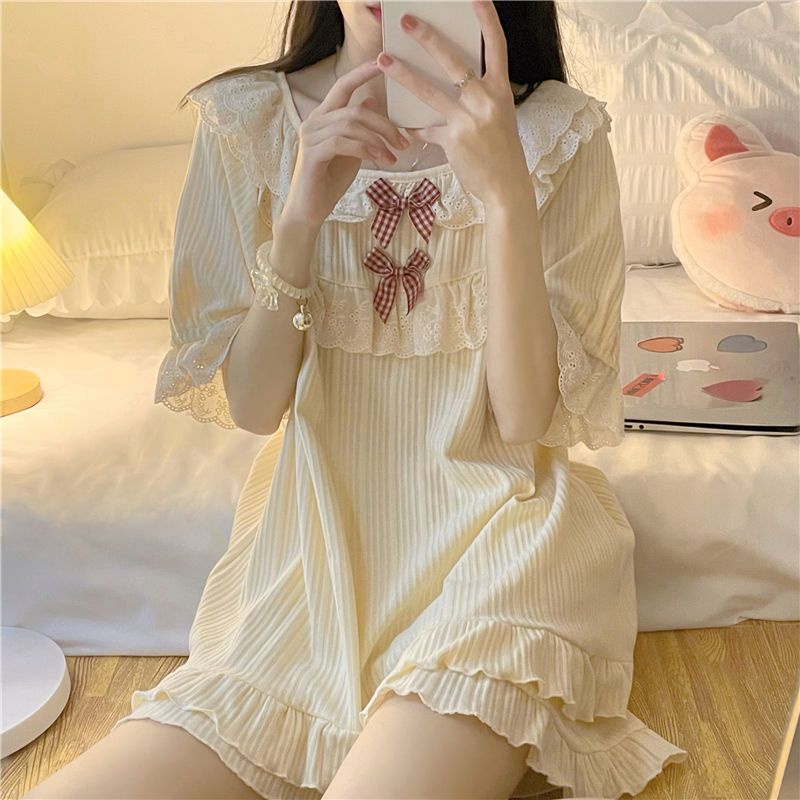 Bộ Đồ Ngủ Phối Ren Bèo Đính Nơ Kiểu Nhật Bản Thời Trang Mùa Hè Cho Nữ