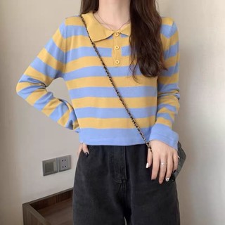 Áo len kẻ cổ bẻ