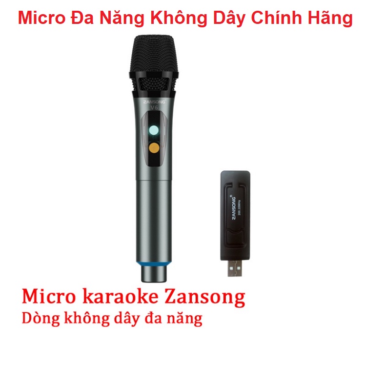 Micro Không Dây Đa Năng, Cắm Cổng 3.5 Và 6 mm, Mic Chính Hãng Zansong V6, Dùng Cho Loa Kéo - Amply - Soundcard - Mixer