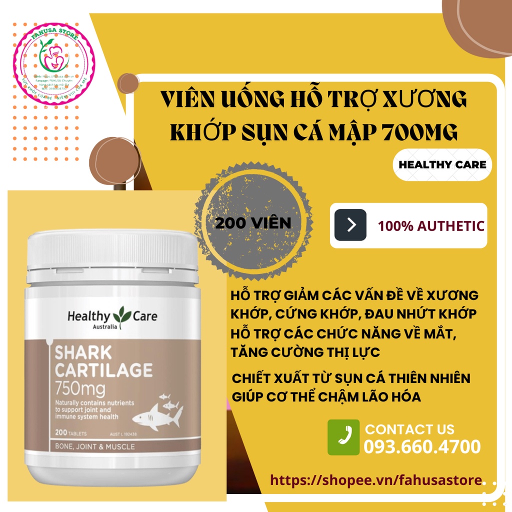 SỤN VI CÁ MẬP HEALTHY CARE SHARK CARTILAGE 750MG 200 VIÊN CỦA ÚC DATE 2025