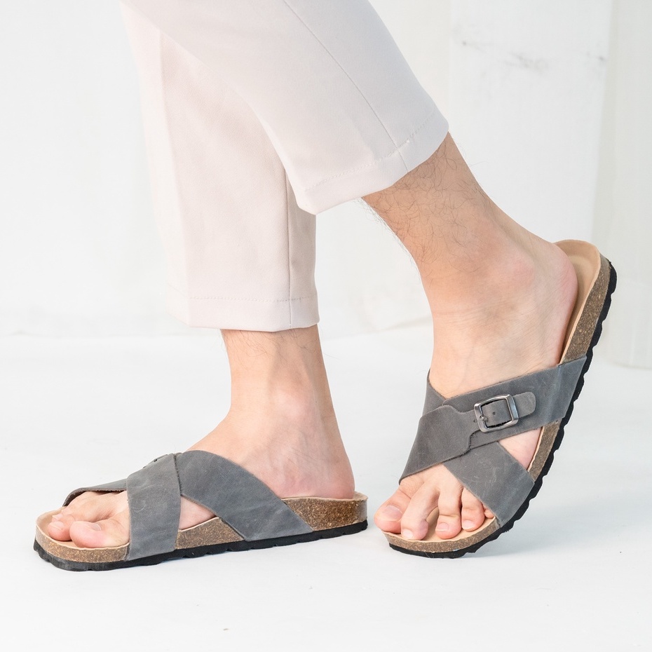 ( Mẫu Da Thật ) D17 - Dép Birken Đế Trấu BIOLINE Official Thiết Kế Unisex Quai Da Bò Chữ X Khóa Cài