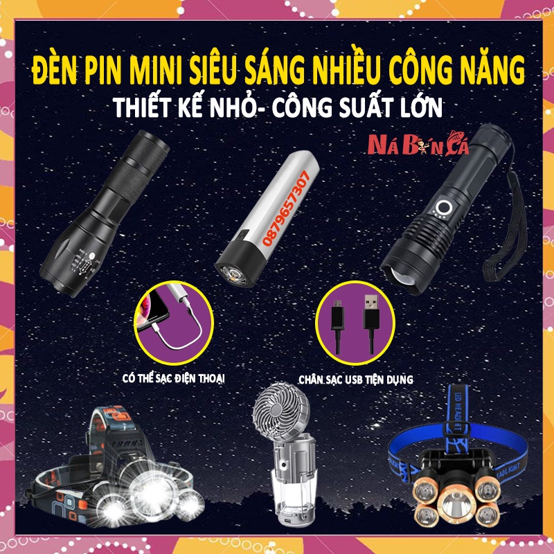 Đèn pin cầm tay siêu sáng - Tặng kèm pin và dây sạc- Đèn bóng LED chống nước có thể sạc lại, chiếu xa lên tới 1000m