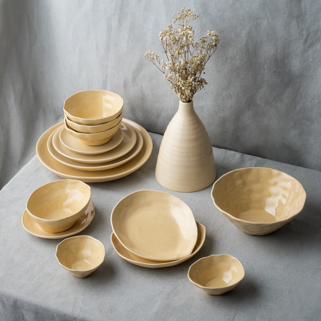 Bộ bát đĩa chén ăn cơm sứ màu trơn Pastel phong cách Hàn Quốc dáng méo lõm độc đáo đơn giản hàng Bát Tràng