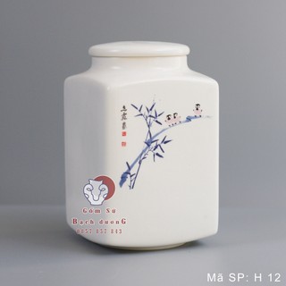 HŨ SỨ ĐỰNG TRÀ 600ml dáng vuông miện tròn hoa văn trúc xanh