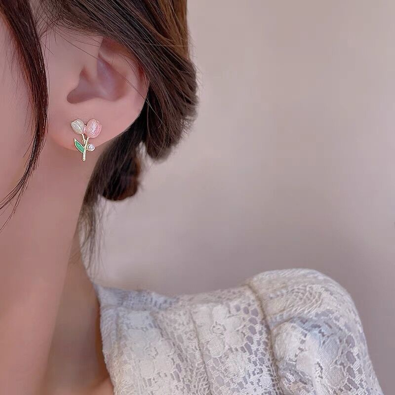 Bông Tai Mạ Bạc Hình Hoa Tulip Đính Ngọc Trai Thời Trang Mùa Hè Phong Cách Hàn Quốc Mới Cho Nữ