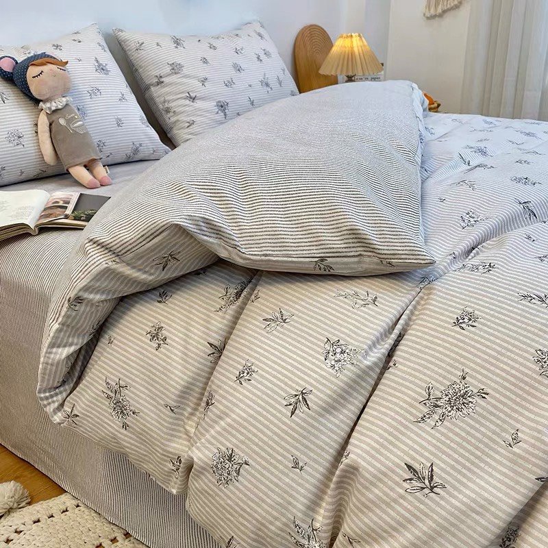 Set Vỏ chăn ga gối Cotton nguyên chất 100% Hoa lá phối nền sọc