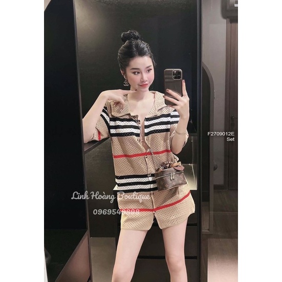 Set bộ len kẻ sọc Bbr áo gài nút cổ bẻ kèm quần short hàng QC