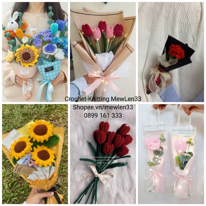 (GIÁ SỈ- ĐỌC MÔ TẢ)Bó hoa len vĩnh cửu Mặt Trời/Tulip/ hồng/valende/tặng dịp lễ -Crochet-Knitting MewLen338