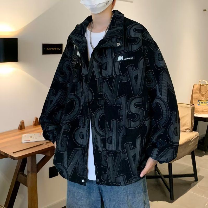 Áo Khoác Nhung Kẻ Dáng Rộng In Chữ Phong Cách Thời Trang Hàn Quốc Cho Nam Giới