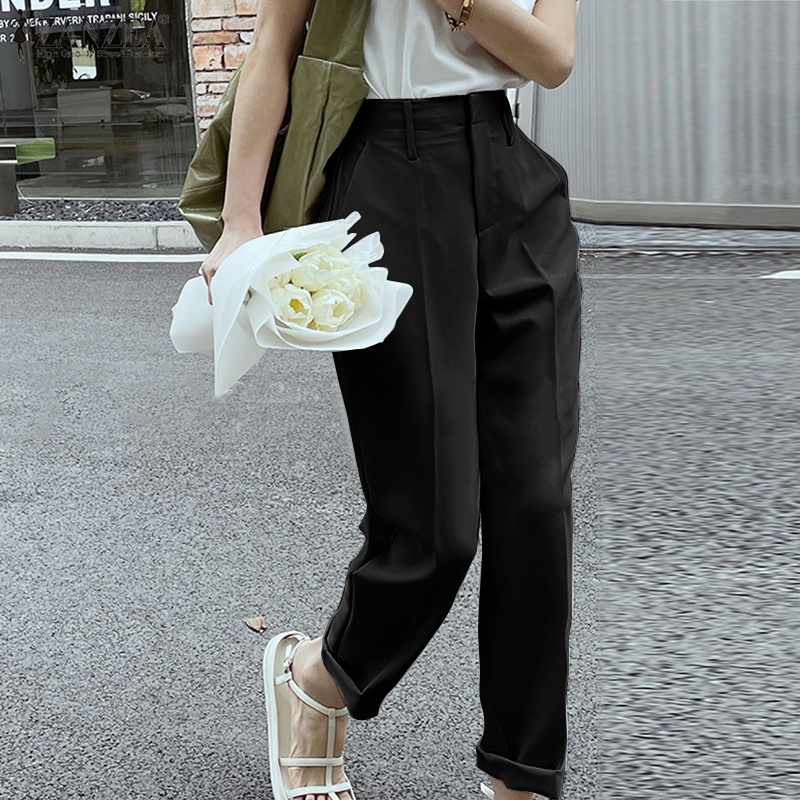 Quần ZANZEA ống rộng màu trơn có túi thời trang cho nữ