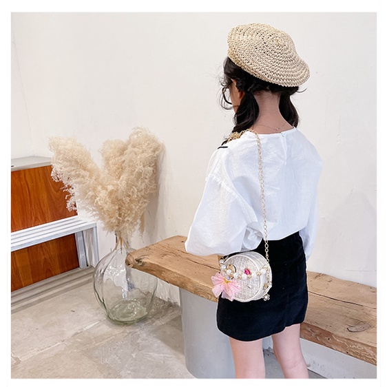 Bololo Túi Đeo Chéo Hình Tròn Nhỏ Đính Ngọc Trai Dễ Thương Phong Cách Hàn Quốc Cho Bé Gái