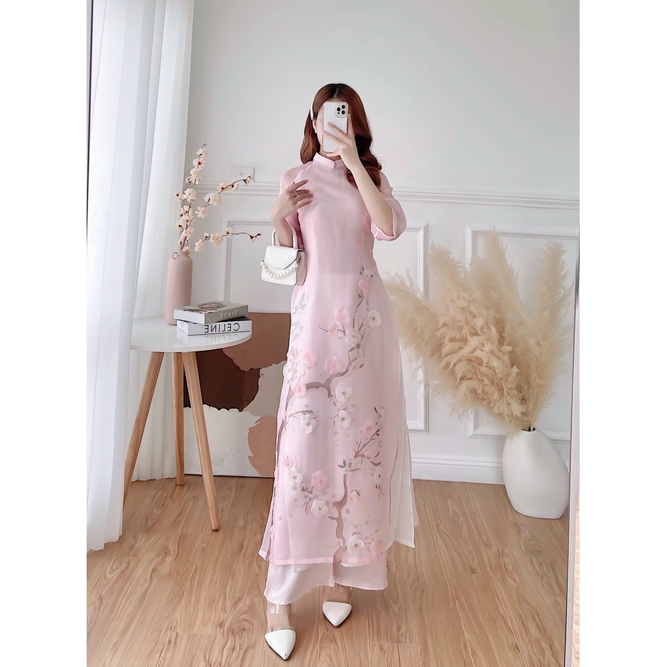 Áo dài cách tân hoa đào hồng đính kết tỉ mỉ chất liệu cao cấp, không bai xù - V15