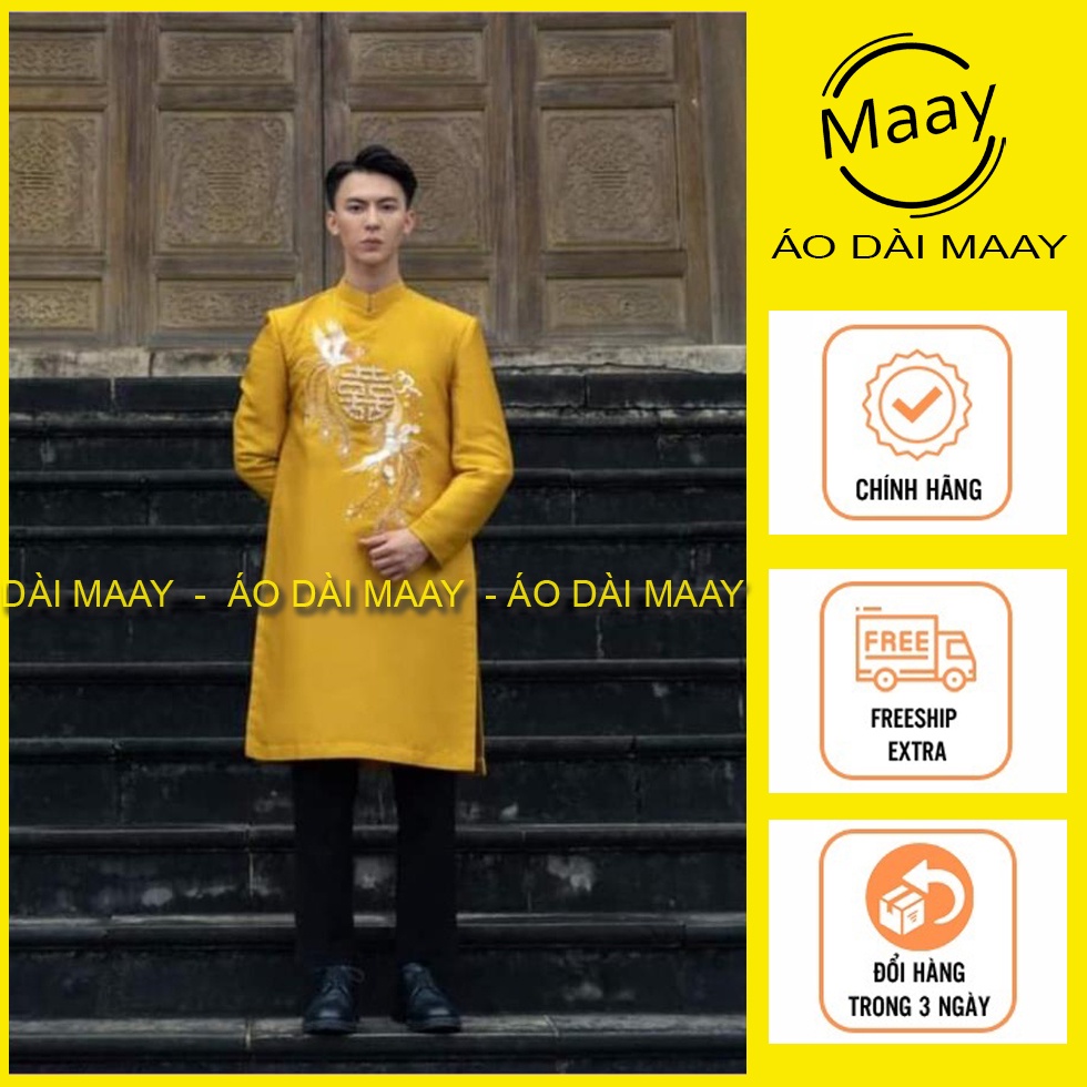 Áo dài cô dâu chú rể, áo dài cặp màu vàng đính kết sang trọng MAAY