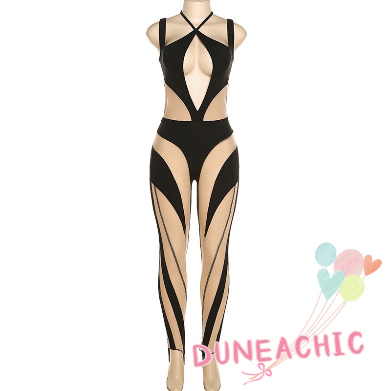 Áo liền quần DUNEA không tay phối lưới xuyên thấu thiết kế quyến rũ thời trang dành cho nữ