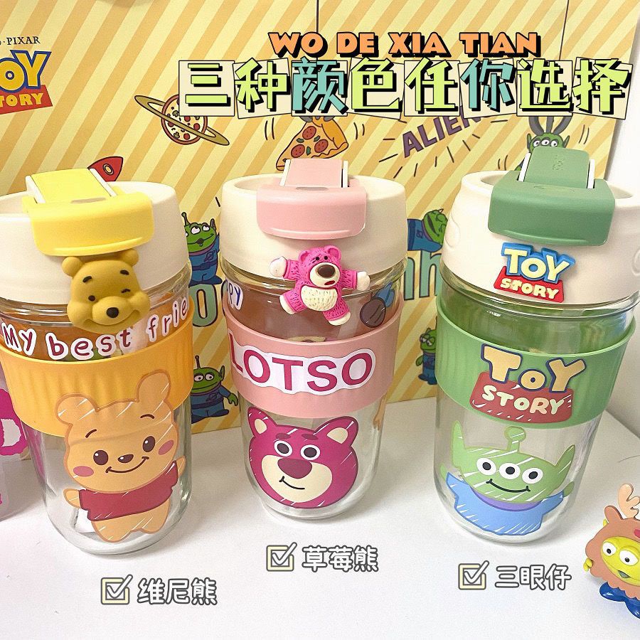 [Hàng Có Sẵn] Cốc Thủy Tinh Uống Cà Phê Hai Lớp Hình Dán Gấu Dâu Tây Nhỏ Gọn Không Cần Khoan Lỗ