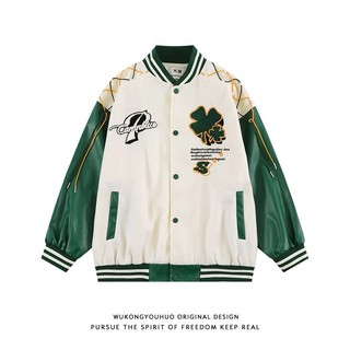 Áo khoác bóng chày chất dạ phối tay da 2022 Áo khoác varsity dáng rộng phong cách retro