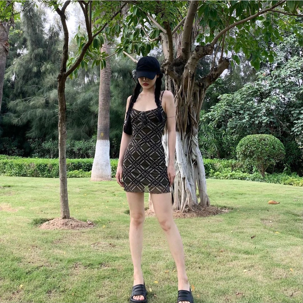 Đầm Hai Dây Caro, Đầm Body 2 Dây Màu Rêu Họa Tiết Phong Cách Ulzzang Hot Trend