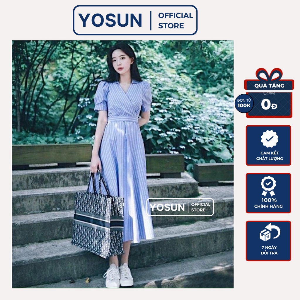 Đầm Nữ Dự Tiệc Cổ Bẻ Họa Tiết Sọc Trắng Thanh Lịch, Váy Nữ Công Sở Dạo Phố Tay Ngắn Dáng Xòe Thục Nữ Màu Xanh