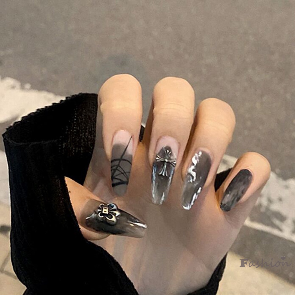 Móng Tay Giả Múa Ba Lê Dài Màu Sắc Tối Phong Cách Gothic Kèm Chữ Thập 3D Trang Trí Móng Tay Cho Học