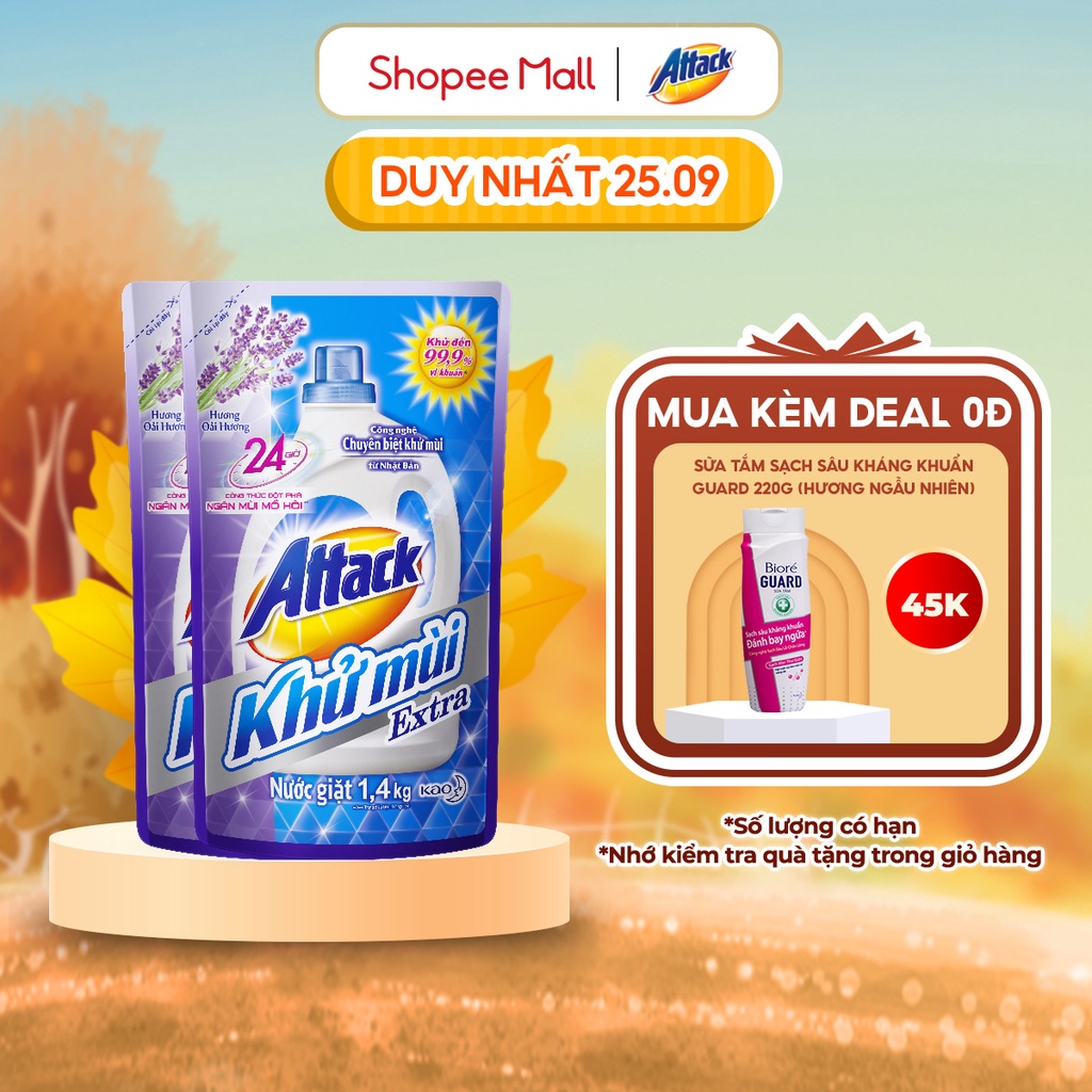 Combo 2 Nước giặt Attack Khử Mùi Extra Hương Oải Hương túi 1.4kg