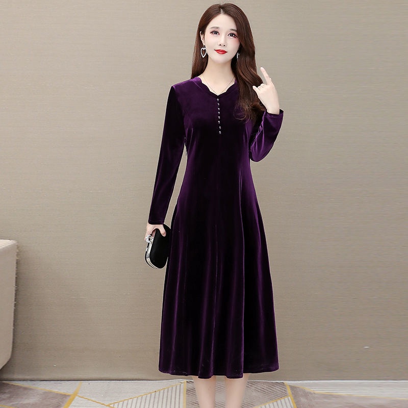 Va 'y Đầm Nhung Dáng Dài Qua Gối Phong Cách Phương Tây Thời Trang Mùa Thu 2021 Mới Mẻ Cho Phụ Nữ Trung Niên