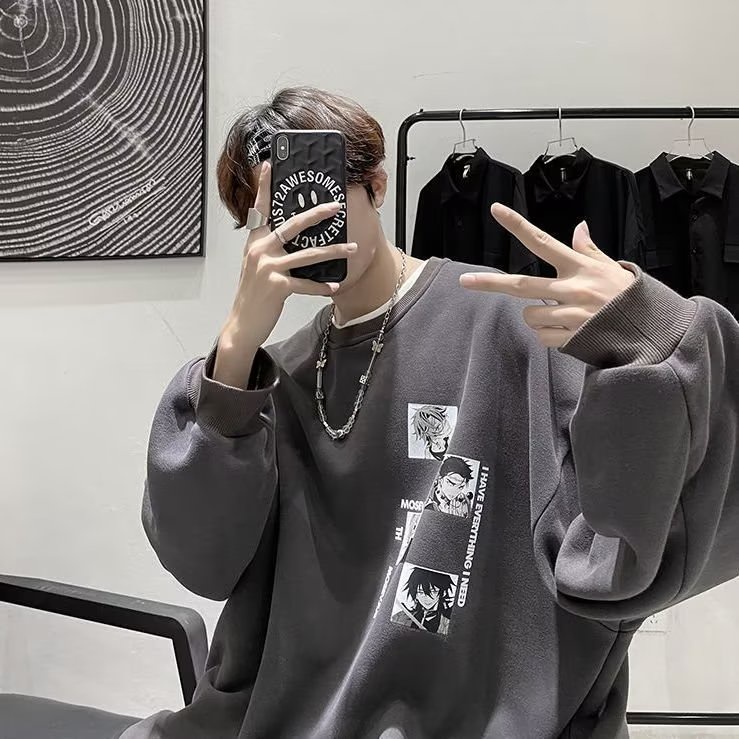 Áo Sweater Tay Dài Dáng Rộng In Hình Anime Màu Trắng Đen Thời Trang Mùa Thu Cho Nam Và Nữ