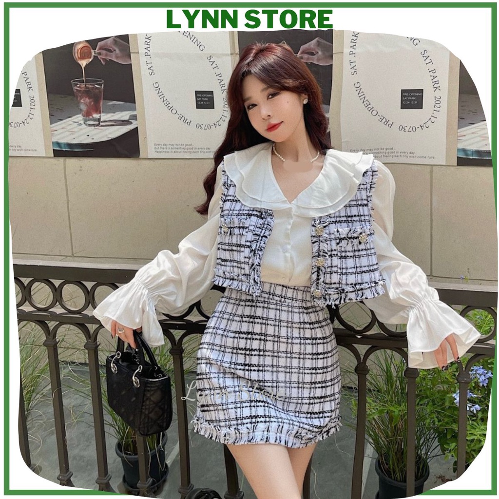 Set đồ nữ sang chảnh LYNN set váy nữ đi chơi 3 món áo sơ mi bèo sen phối gile và chân váy mẫu kẻ ô vuông SV1802