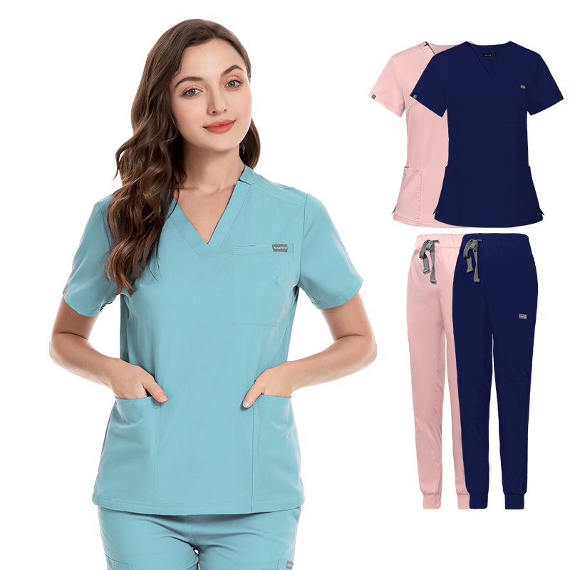 Mới Bộ Đồng Phục Y Tế Cổ Chữ V Tay Ngắn Thoáng Khí Thấm Hút Mồ Hôi Phối Quần Dài Thời Trang Cho Nữ