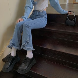 Quần bò ống loe cạp cao gấu quần phối đuôi cá bèo nhún nữ tính 2 túi