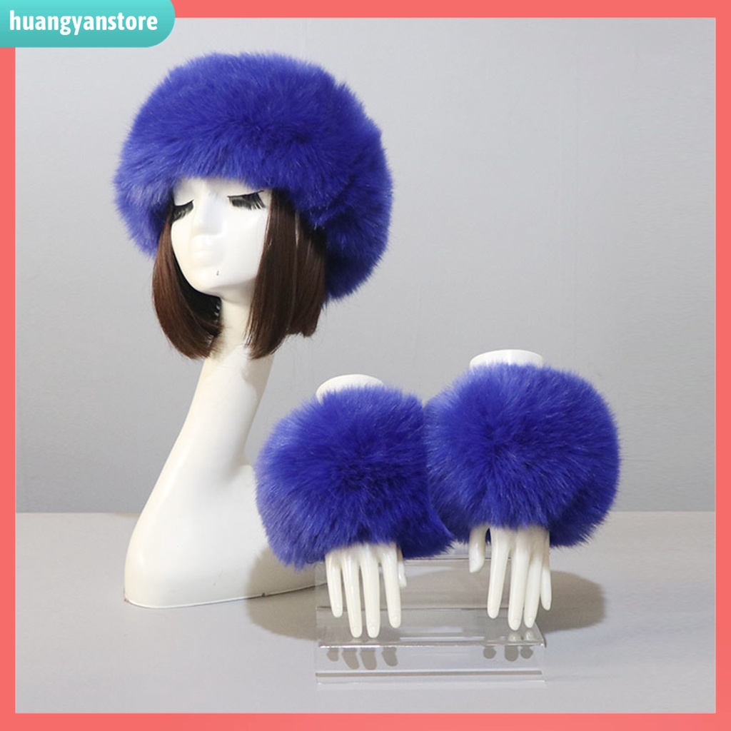 HY| 1 Set Băng Đô + Găng Tay Hở Ngón Phối Lông Giả Màu Sắc Trơn Thời Trang Cho Nữ