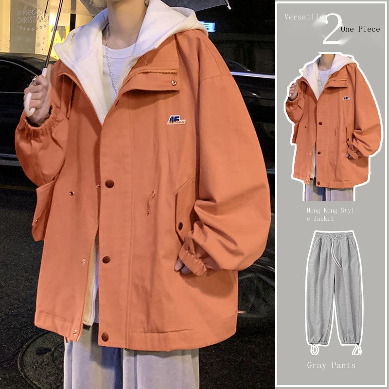 Hàng Có Sẵn Áo Khoác Giả Hai Lớp Có Mũ Trùm Dáng Rộng Phong Cách Hip Hop Mùa Thu Cho Nam