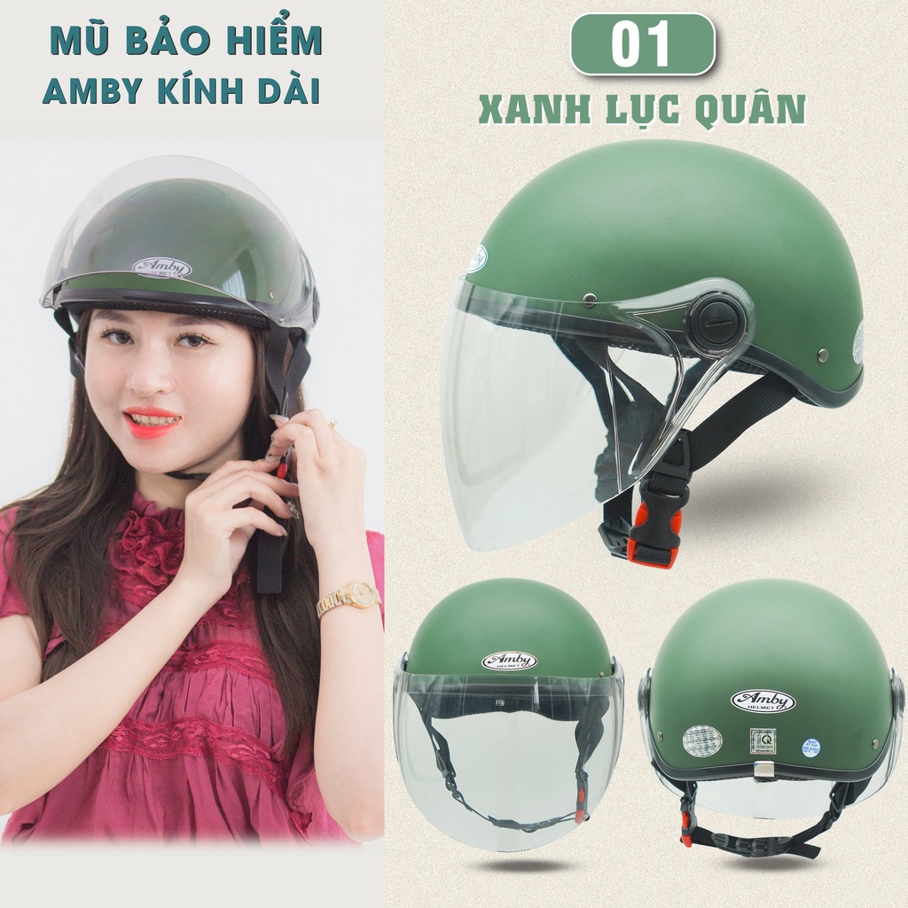 Mũ Bảo Hiểm Nửa Đầu Amby ST05, có kính dài che cả mặt, kiểu dáng thời trang cho nam và nữ - Xanh lục quân