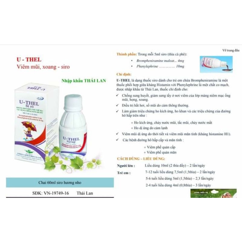 Siro ho U - THEL , làm giảm các triệu chứng ho khan,ho có đờm,hắt xì,nghẹt mũi,sổ mũi _NHẬP KHẨU TỪ THÁI LAN