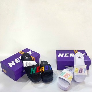 Dép quai ngang Nerdy chữ thêu đế độn 4cm hàng full box tag