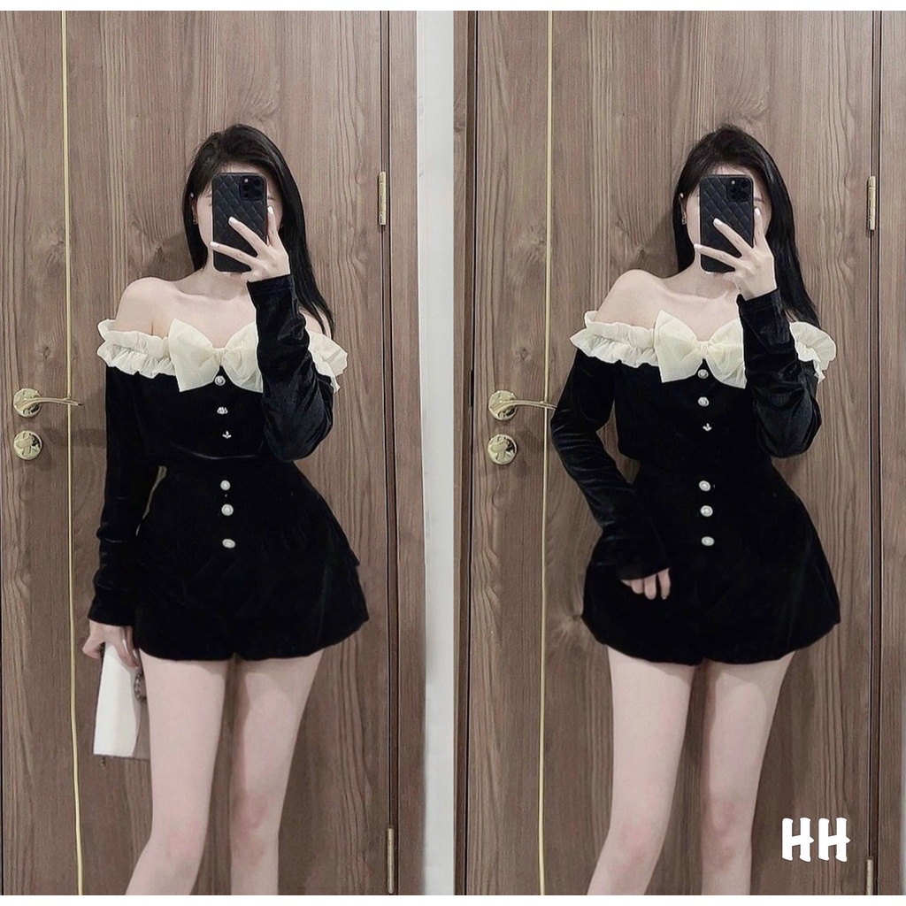 Set Đồ Nữ Ms.1826 Áo Nhung Trễ Vai Cổ Bèo Đính Nơ Phối Quần Short Ống Bom Đính Cúc Ngọc Sang Chảnh, Chất Nhung