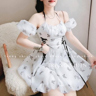 Đầm trắng hoạ tiết bướ..m , đan dây thắt eo tay bồng trễ vai, đầm yếm