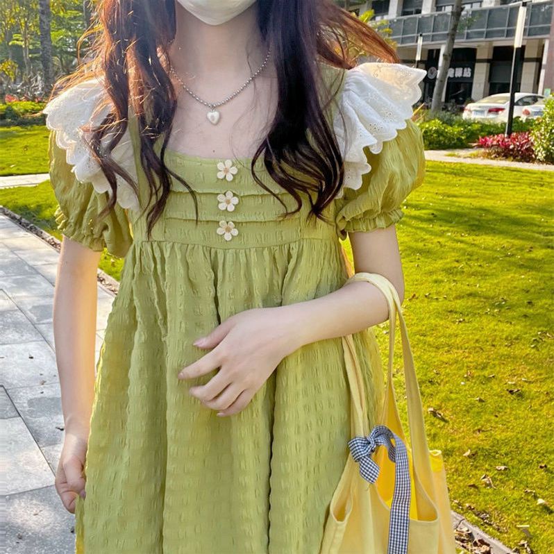 Đầm babydoll Đầm Dáng Chữ a Tay Bay Phối Ren Họa Tiết Hoa Cúc Màu Xanh Lá Ngọt Ngào Thời Trang Mùa Hè Cho Nữ