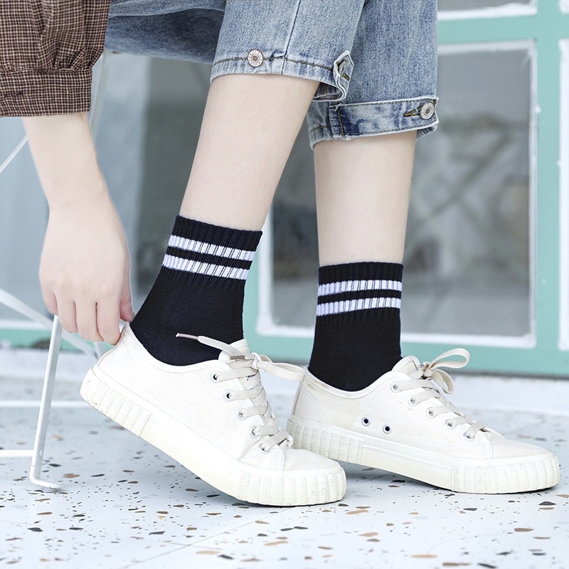 Set 5, 10 Đôi Tất Nữ Cổ Ngắn Kẻ Sọc Đen Trắng Phong Cách Hàn Quốc