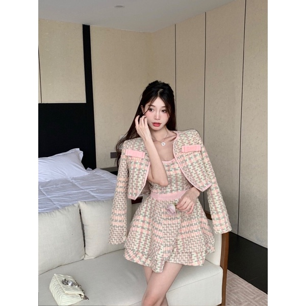 Set dạ tweed áo khoác phối đầm xoè 2 dây hoặc chân váy ngắn, có ảnh thật