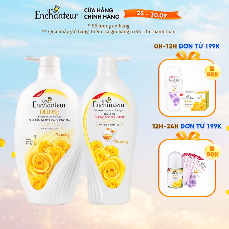 Combo Dầu gội dưỡng tóc siêu mượt và Sữa tắm nước hoa dưỡng da thơm mịn Enchanteur Charming 650gr/ chai