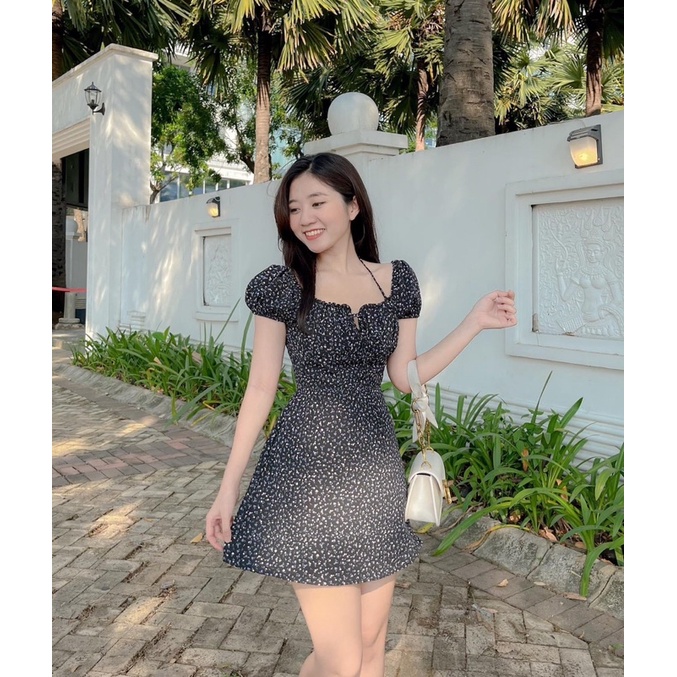 Đầm midi hoa nhíu ngực xẻ đùi (về thêm đen ngắn)