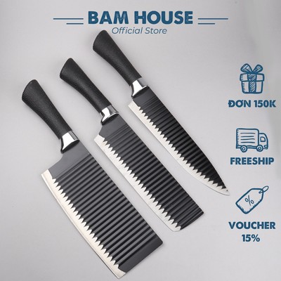 Dao bếp đa năng inox Bam House lưỡi gợn sóng siêu bén cán cao su cao cấp DGS01