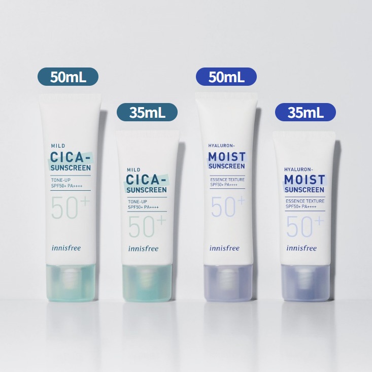 Kem chống nắng Innisfree Hyaluron Moist Sunscreen Essence Texture / Innisfree Mild Cica Sunscreen Tone-Up