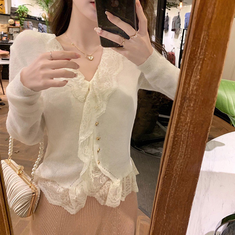 Áo Dệt Kim Phối Ren Phong Cách Hàn Quốc Thời Trang Cho Nữ