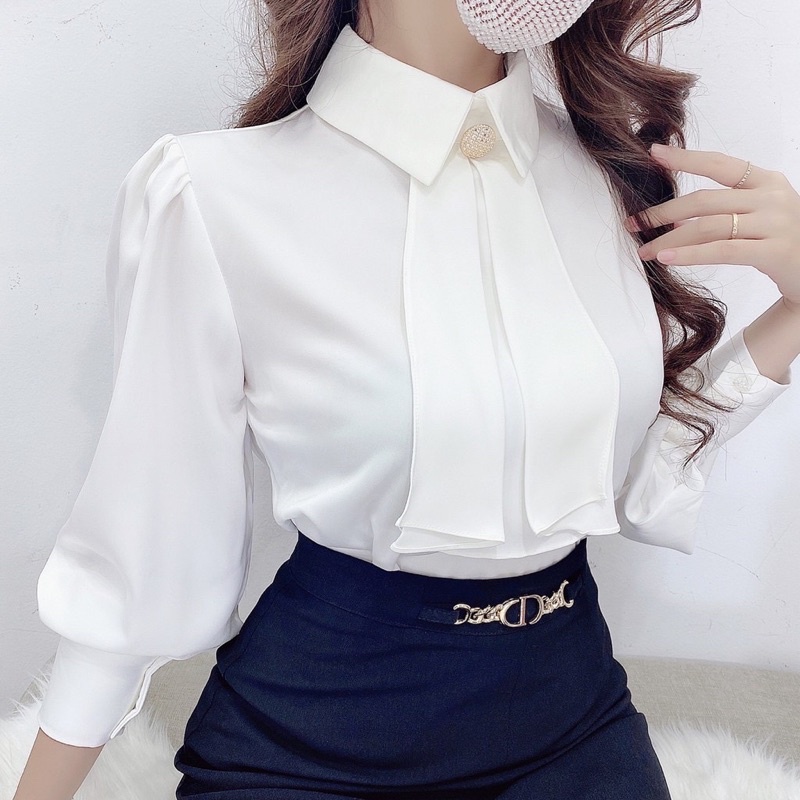 Áo Sơ Mi Nữ Dài Tay Công Sở Chất Liệu Lụa Cổ Đức Bèo Yếm Đính Khuy B&T Fashion