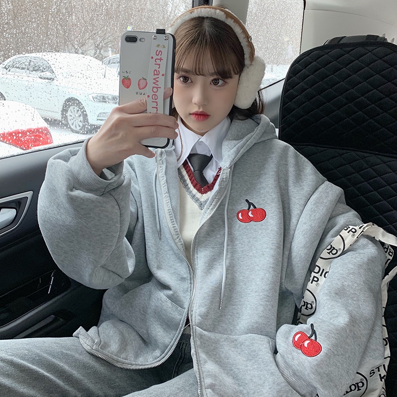 SUGEMIUSI Áo Khoác Hoodie Nỉ Dày Dặn Thêu Họa Tiết Cherry Phối Khóa Kéo Thời Trang Thu Đông