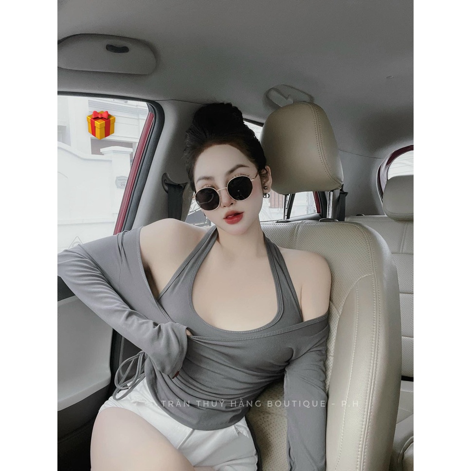 Sét áo yếm croptop trơn phối áo ngoài tay dài trễ vai rút dây 2 bên cực xinh , chất thun gân mềm mịn