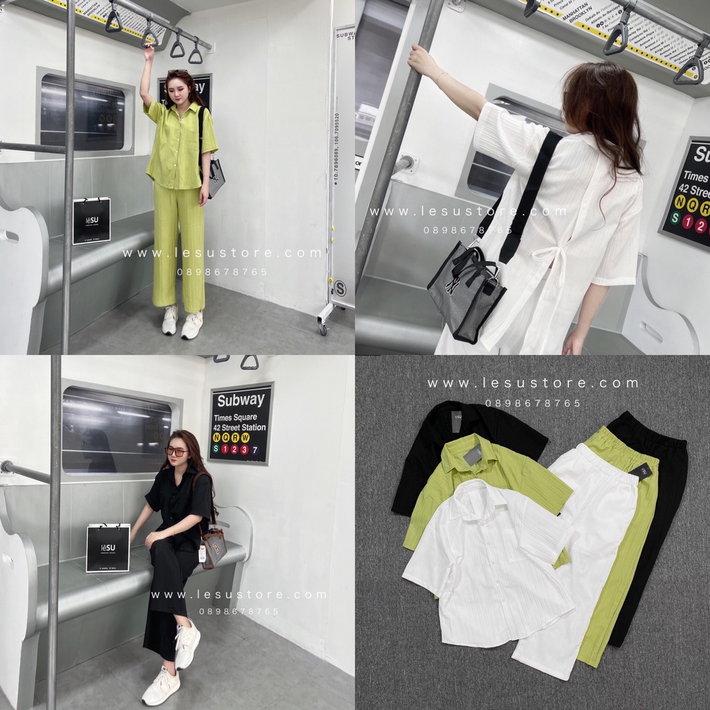 ẢNH TỰ CHỤP Set sơ mi gân nổi xẻ lưng & culottes lưng thun
