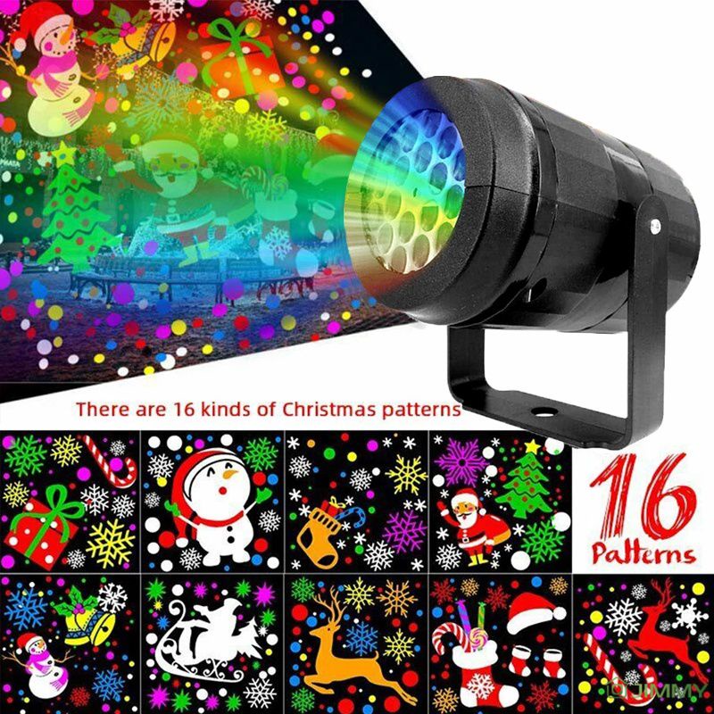 ღ Giáng Sinh LED Chiếu Sáng USB 16 Hoa Văn Nhiều Màu Sắc Hoa Tuyết Quay Ngoài Trời Máy Chiếu Đèn Sân Khấu Ngày Lễ Đảng Đèn Trang Trí